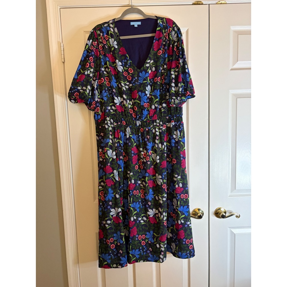 Draper James Midi Dress Womens XXL Blue Floral Smocked Boho Shimmer